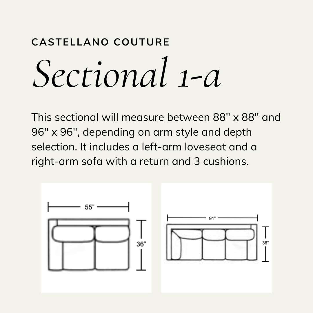 Wireframe of sectional featuring a left-arm loveseat and a right-arm sofa with a return and 3 cushions. Dimensions range from 88 x 88 inches to 96 x 96 inches, based on arm and depth choice.