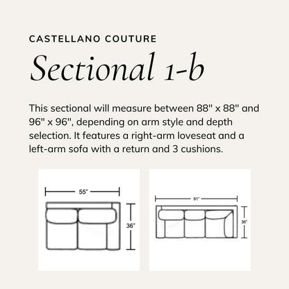 Wireframe of sectional with a right-arm loveseat and a left-arm sofa with a return and 3 cushions. Dimensions vary from 88 x 88 inches to 96 x 96 inches, depending on arm and depth choice.