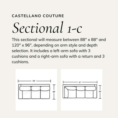 Wireframe of sectional featuring a left-arm sofa with 3 cushions and a right-arm sofa with a return and 3 cushions. Size ranges from 88 x 88 inches to 120 x 96 inches, based on arm and depth choice.