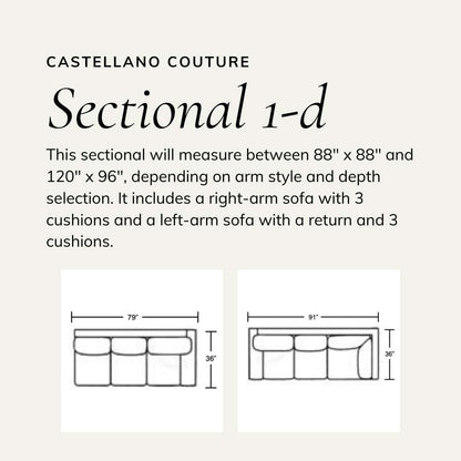 Wireframe of sectional showing a right-arm sofa with 3 cushions and a left-arm sofa with a return and 3 cushions. Size ranges between 88 x 88 inches and 120 x 96 inches, depending on arm and depth choice.