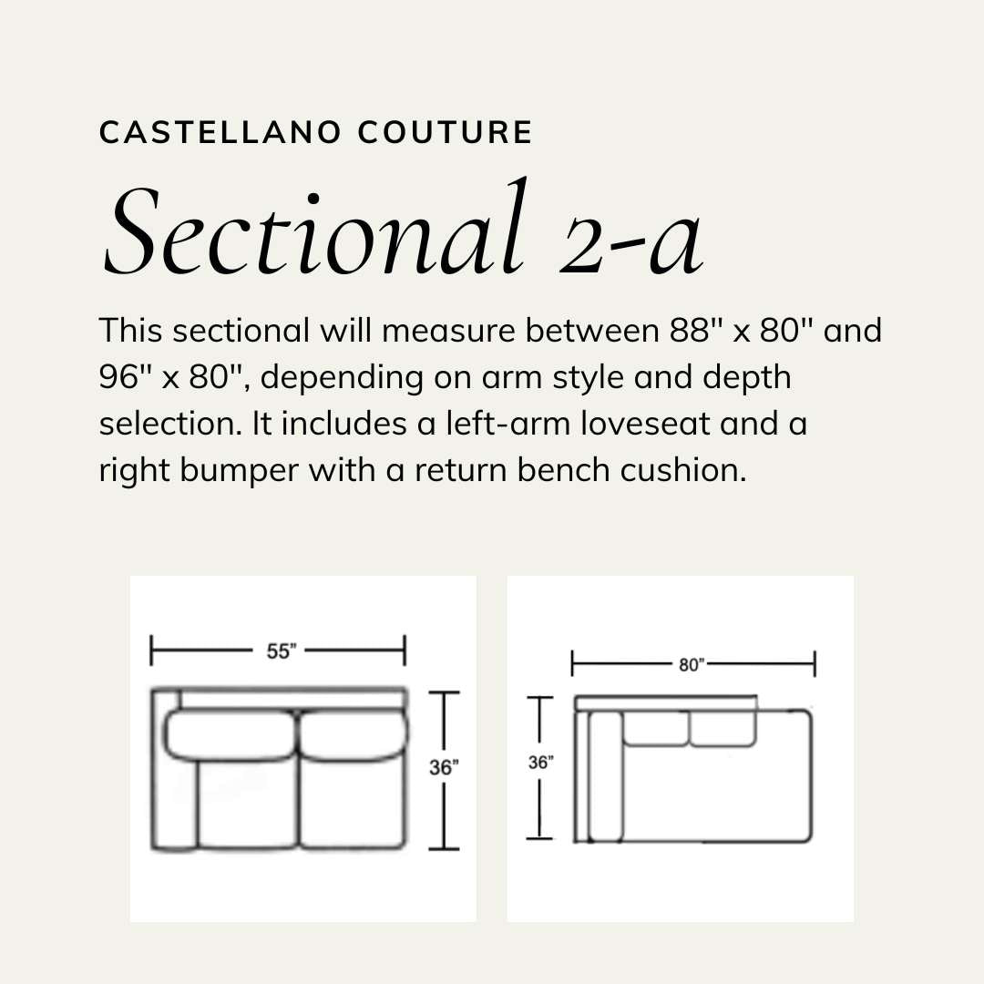 Wireframe of sectional featuring a left-arm loveseat and a right bumper with a return bench cushion. Dimensions range from 88 x 80 inches to 96 x 80 inches, depending on arm and depth choice.