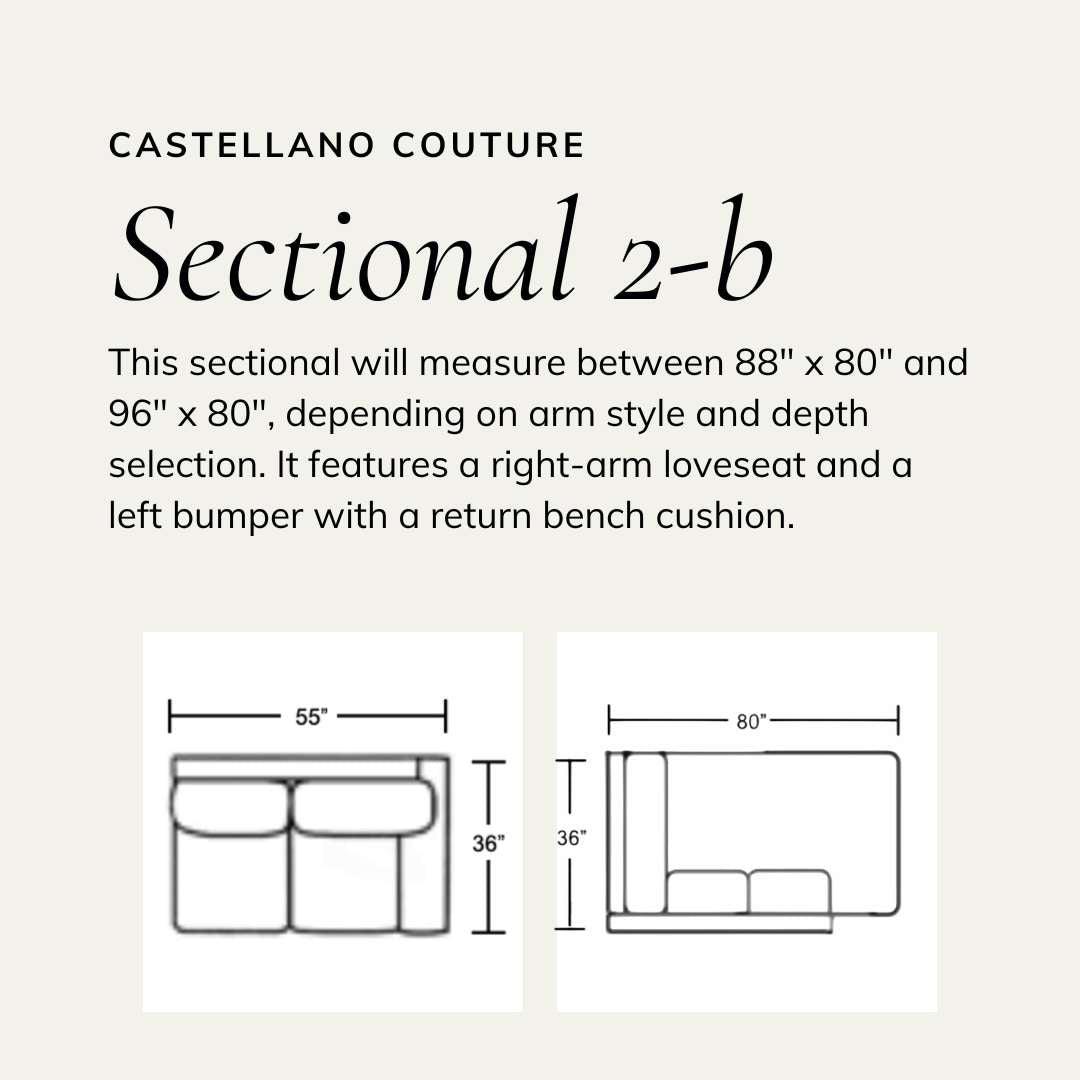 Wireframe of sectional with a right-arm loveseat and a left bumper with a return bench cushion. Size varies from 88 x 80 inches to 96 x 80 inches, depending on arm and depth choice.