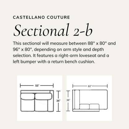 Wireframe of sectional with a right-arm loveseat and a left bumper with a return bench cushion. Size varies from 88 x 80 inches to 96 x 80 inches, depending on arm and depth choice.