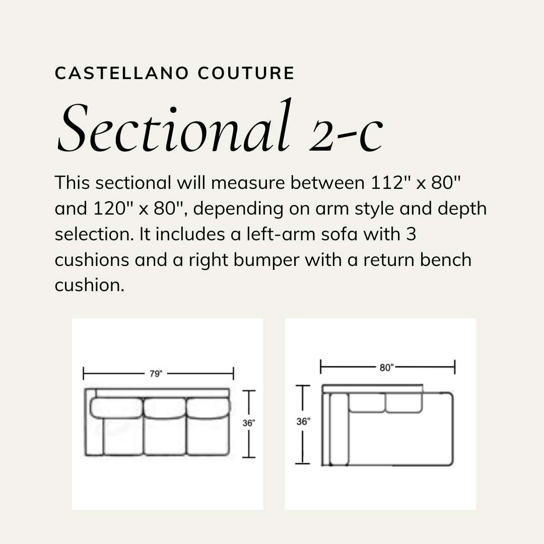 Wireframe of sectional featuring a left-arm sofa with 3 cushions and a right bumper with a return bench cushion. Dimensions range between 112 x 80 inches and 120 x 80 inches, based on arm and depth choice.