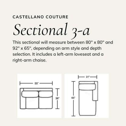 Wireframe of sectional featuring a left-arm loveseat and a right-arm chaise. Dimensions range from 80 x 80 inches to 92 x 65 inches, based on arm and depth choice.