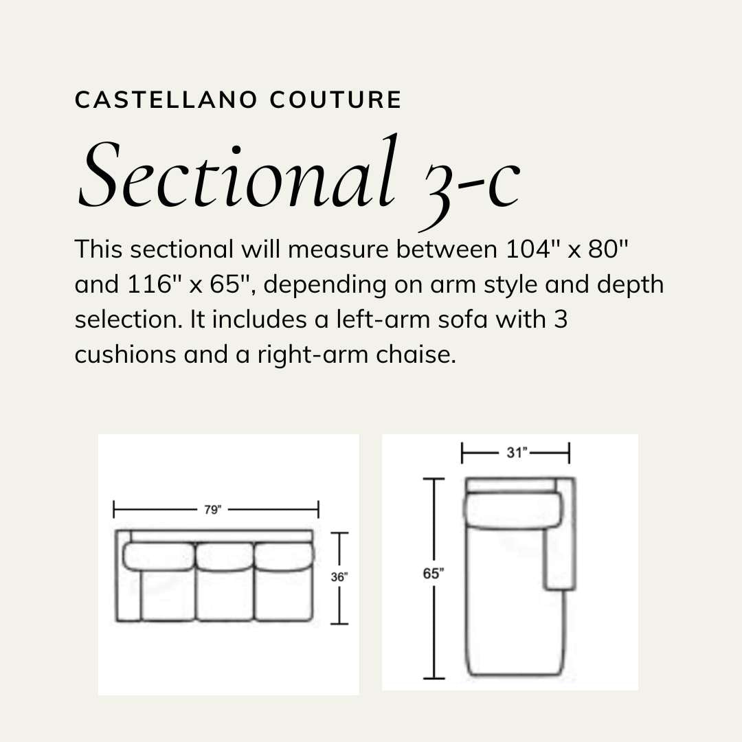 Wireframe of sectional featuring a left-arm sofa with 3 cushions and a right-arm chaise. Dimensions range between 104 x 80 inches and 116 x 65 inches, based on arm and depth choice.