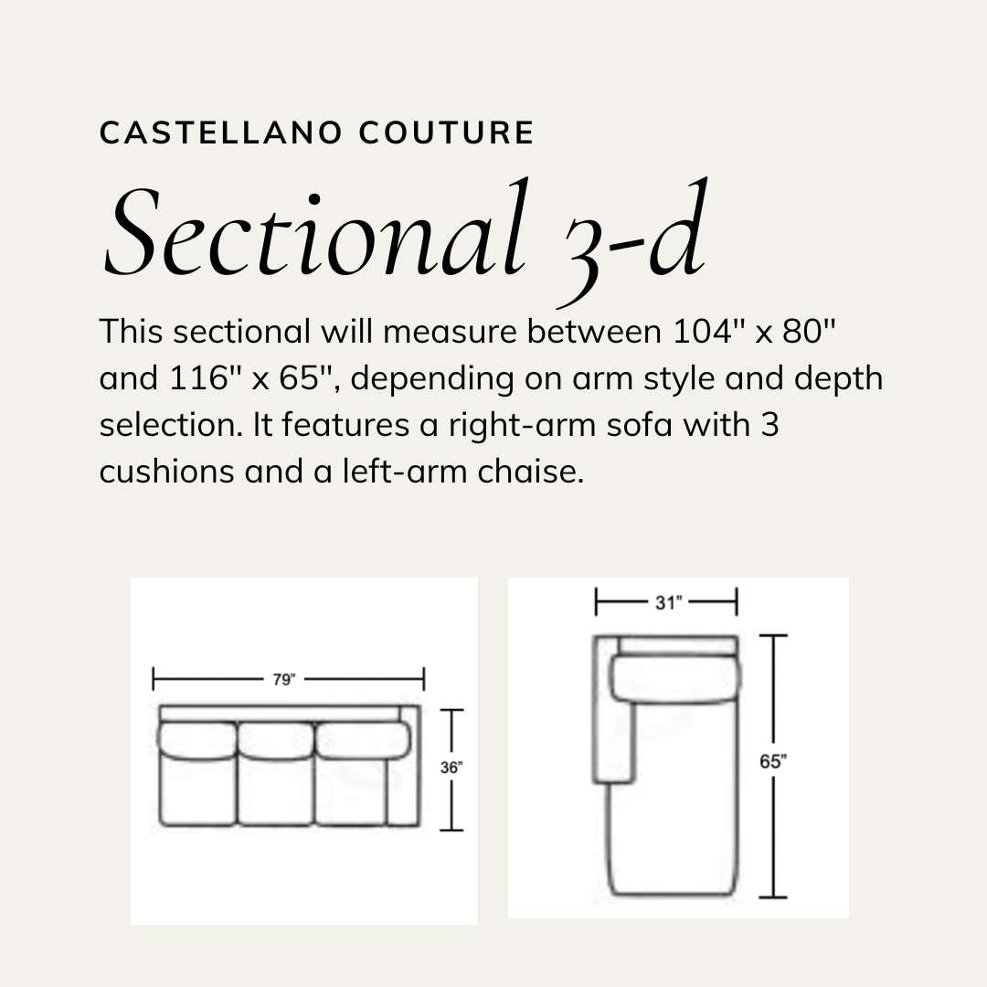 Wireframe of sectional showing a right-arm sofa with 3 cushions and a left-arm chaise. Size varies between 104 x 80 inches and 116 x 65 inches, depending on arm and depth choice.