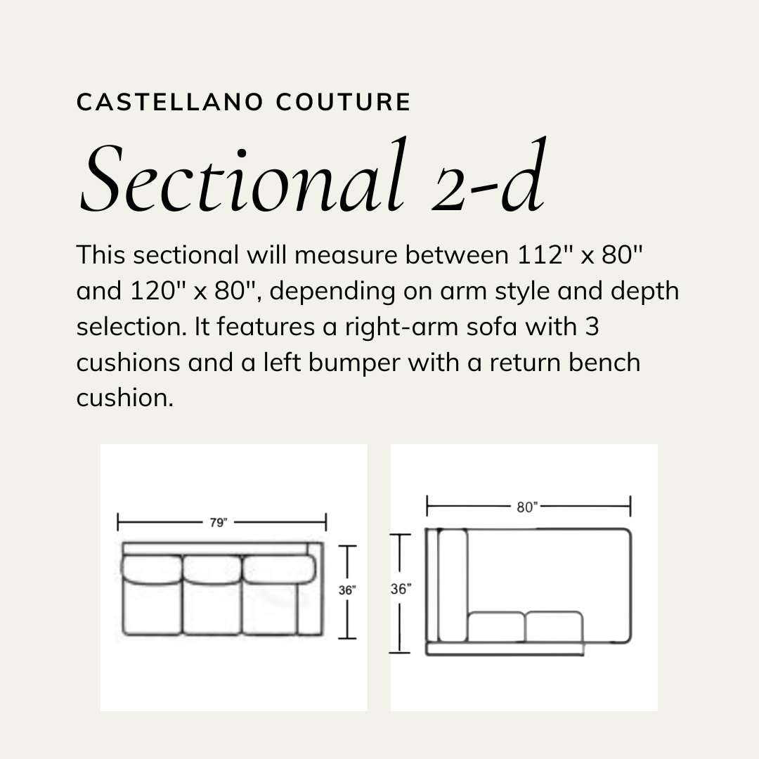 Wireframe of sectional showing a right-arm sofa with 3 cushions and a left bumper with a return bench cushion. Size ranges between 112 x 80 inches and 120 x 80 inches, depending on arm and depth choice.